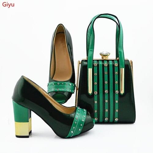Doershow fashion GREEN Italian Shoes With Matching Bags African Women Shoes and Bags Set For Prom Party Summer Sandal!HVC1-15