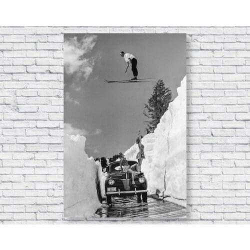 Home Decor Canves Painting Print Vintage Ski Jump Over Car and Girls Car Poster Road Gap Skier Classic Mount Lassen California