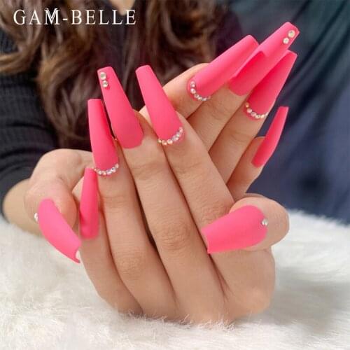 GAM-BELLE Rose Pink Coffin Fake Nails with Rhinestones Designs Full Detachable Beauty Artificial False Nails DIY Manicure Tool