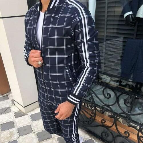 2021 Summer Mens Plaid Sets 2 pieces Set Long Sleeve Sweatshirt Sports Set Gyms Tracksuit Men Zipper Sport Jacket+Pants Sets