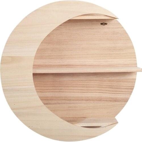 Round Wooden Wall-Mounted Moon Shaped Frame Simple Art Hanging Flower Pot Storage Shelf