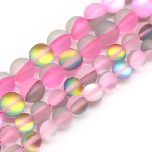 Frosted Pink Glitter Moon Stone Austria Crystal Beads Round Flash Shimmer Beads 6 8 10 12mm for Jewelry Making DIY Bracelet 15