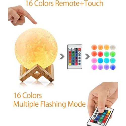 3DPrint Moon Lamp Rechargeable Remote control 16 ColorChange Touch Night Light Lunar Luna Baby Nightlight Christmasgift
