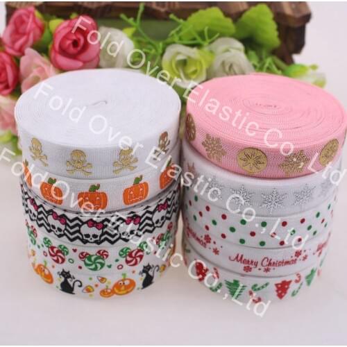 Hotsale 5 yards per roll,10 kinds of design,50 yards in total,Fold over elastic 5/8'' christmas and halloween for hair bows