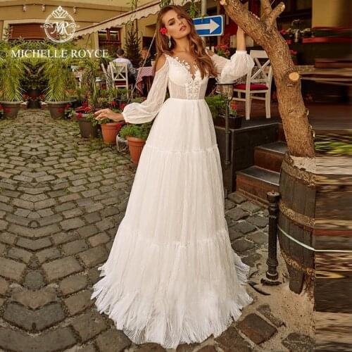 Michelle Royce A-Ling Wedding Dresses Wedding Dresses 2020 V-neckline lantern Sleeve Illusion Appliques Chapel Train Bridal Gown