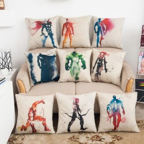 45*45 Marvel Sketch Watercolor Pillow Cover Painting Avengers Superhero Spiderman Wolverine Linen Car Home Pillowcase Decoration
