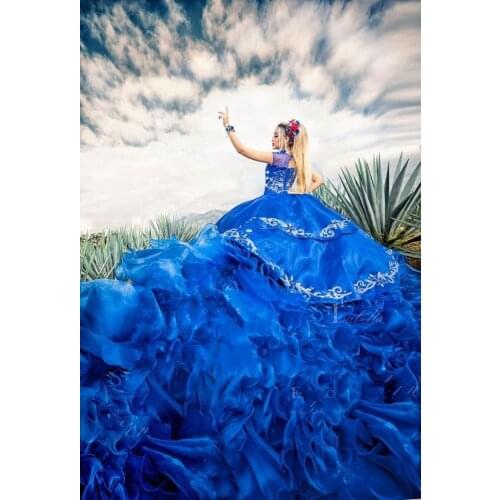 New Blue Quinceanera Dress Corset Back Ball Prom Gowns Applique Sheer Neck Vestidos Para XV Años Beaded Sweet 16 Dress