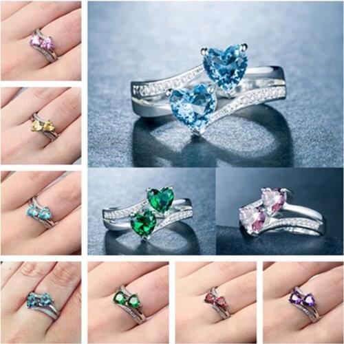 Wholesale Fashion Wild Inlaid Zircon Double Heart Ring，Creative Valentines Day Gift， Woman Four Seasons Charm Jewelry
