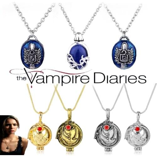 The Vampire Diaries Charm Necklace For Women Vintage Katherine Klaus Forbes Blue Stone Pendant Necklace Movie Cosplay Jewelry