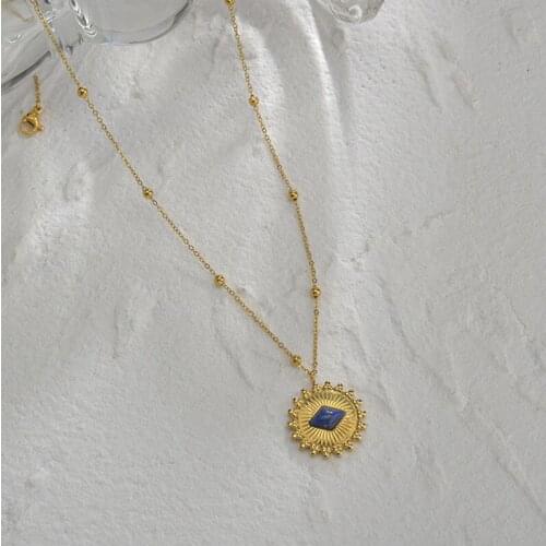 Stainless Steel Textured Round Eye Pendant Necklaces For Women Rhombus Natural Stone Beads Chain Collar Necklace Vintage Jewelry