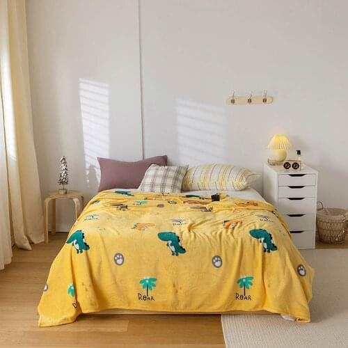 Papa&Mima Yellow Dinosaur Trees Soft Print Double-side Blankets Throws Plaids Flannel Coral Fleece Microfiber Bedsheet Nap