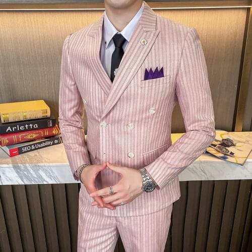 Blazers Jacket Pants 2 Pcs Set / 2021 Fashion Mens Slim Boutique Business Casual Wedding Groom Striped Dress Suit Coat Trousers
