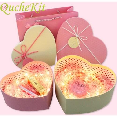 Heart Shape Pink Flower Gift Box Blue Florist Hat Box With Silk Card Christmas Valentines Day Wedding Delicate Paper Gift Case