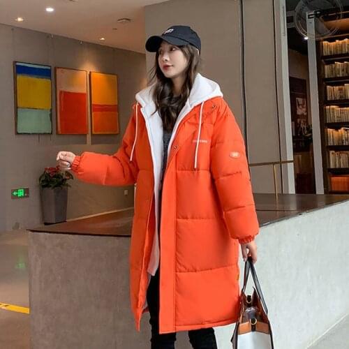 2021 Winter Down Padded Jacket Women New Student Loose Mid-Length Over The Knee Long Tooling Cotton Coat Female Parkas