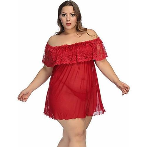 Sexy sleepwear dress Lingerie nightwear Temptation Sexy Word Shoulder Night Skirt Plus Size Nightdress Lingerie Sleepwear