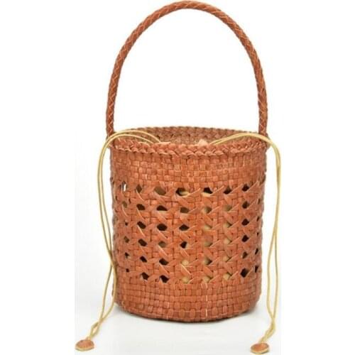 Cowhide Tote Bag Genuine Leather bucket bag Womens Hand woven Hollowed Cow Leather Bucket Bag Vintage Shopping Bag