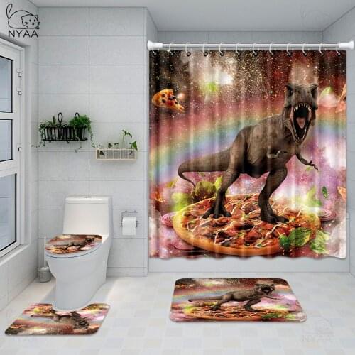Funny Dinosaur Unucorn And Pizza Shower Curtain Set with Anti Slip Toilet Mat Rug Carpet Bath Products Bathroom Home Decor