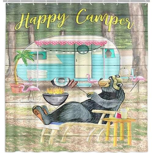 Happy Cartoon Cute Bear Flamingo Trailer Camping Shower Curtain for Bathroom