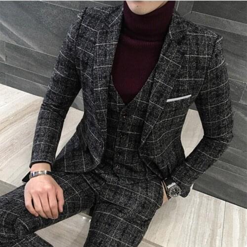 Groom Wedding Dress Plaid Mariage Suit Three Piece Business Party Suit Dinner Dress Prom Dress Robe De Mariee(Jacket+Pants+Vest)