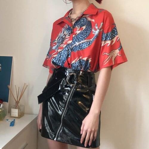 Elegant Shirts Women Blouse Harajuku Chinese Style Dragon Print Short Sleeve Blouses Vintage Summer Streetwear Tops Female 2020