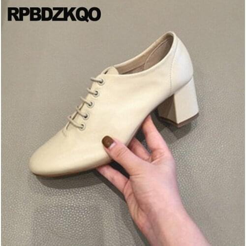 Beige Short Genuine Leather Autumn Lace Up Size 4 Chunky Shoes High Quality Block Women Ankle Boots 2021 Round Toe Fall Booties