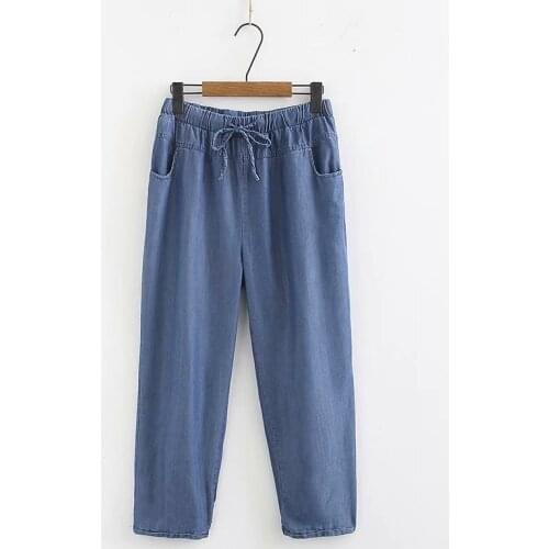 Plus Size Women Blue Jeans Light Denim Ankle Trousers