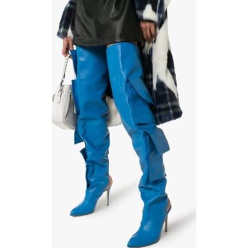 Blue Black Leather Pocket Designer Over The Knee Boots Woman Pointed Toe Slingback Stiletto High Heels Knight Long Boots Shoes