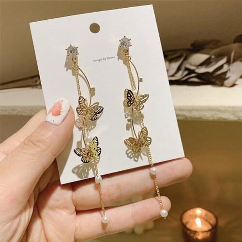 MENGJIQIAO Korean Fashion Metal Hollow Butterfly Drop Earrings For Women Ladies Elegant Pearl Tassel Long Pendientes Jewelry