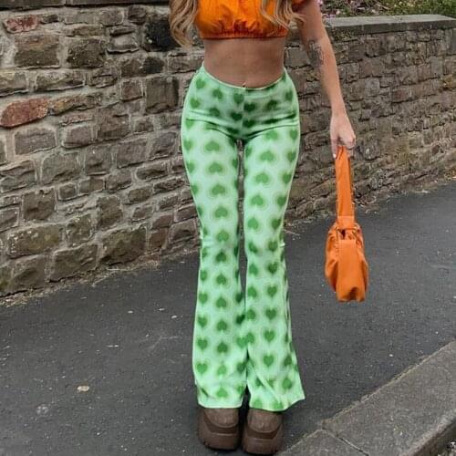 Flare Pants Women Sexy Slim Stretch Trousers Female Street Fashion Boot Cut Bell Bottom Heart Print Gradient Pattern Hippie 2021