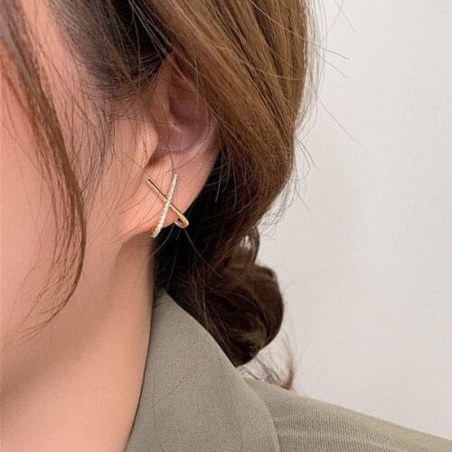Cross Shape Zircon Beads Stud Earrings For Women Fashion Jewelry Elegant Charm Design Gold Ear Jewellery Ladies Gift