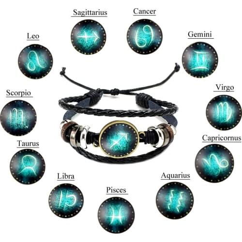 Punk Style Women Men Leather Bracelet 3 Layer Leather Wrap 12 Zodiac Constellations Design Bracelets Best Birthday Gift Jewelry