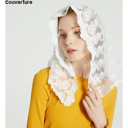 Couverture women Fashion D shape lace chapel veil mantilla Christian headcovering for church prayer lace scalloped scarf