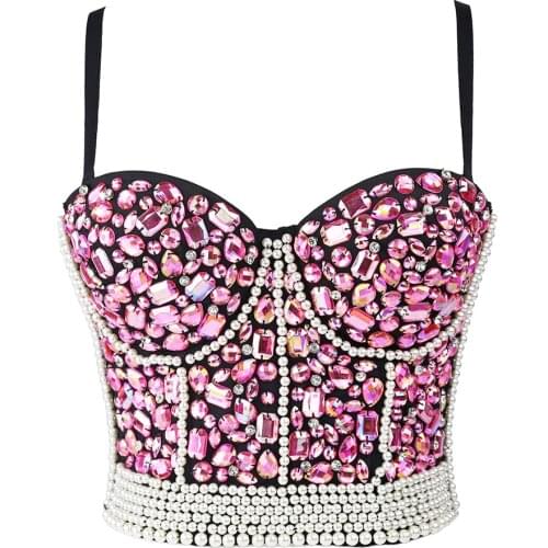 2020 Women Pink Top Pearl Beaded Rave Festival Push Up Bustier Crop Tops Party Corset Bralette Club Clothes