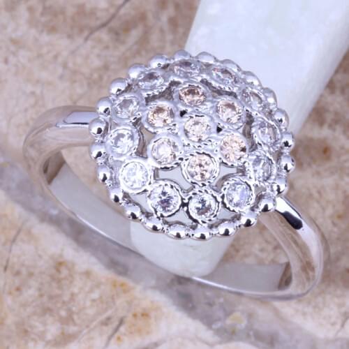 Distinctive Champagne Morganite White CZ Silver Plated Womens Ring Size 6 / 7 / 8 / 9 R0996