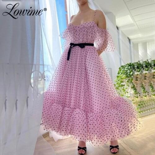 Pink 2020 Summer Beach Party Dress A-Line Tulle Prom Dresses Ankle Length With Short Sleeves Formal Dress Evening Wear Vestidos