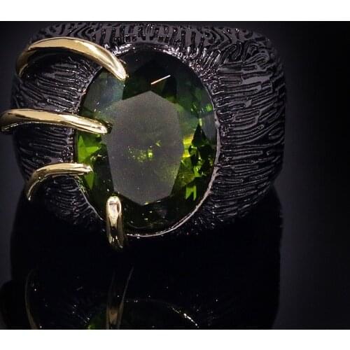 Womens Vintage Black Gold Wedding Rings Big Oval Green Zircon Crystal Ring Engagement Party Bohemia Rings Jewelry