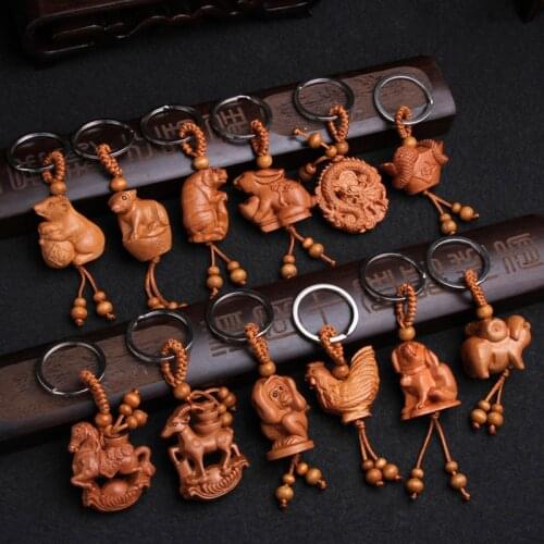 12 Zodiac Keychain Natural Wood Keyring Unisex Animal Dragon Tiger Sheep Rabbit Monkey Snake Keyring Mascot Gift