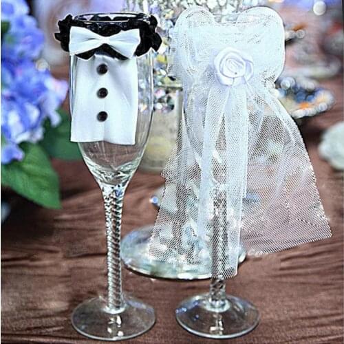 2Pcs/Set Bridal Veil Bow Tie Bride & Groom Tux Bridal Veil Wedding Party Toasting Wine Glasses Decor Wedding Party Decoration