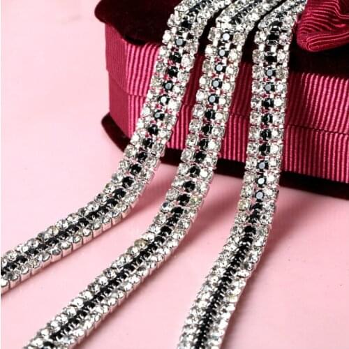 3mm 2 yard 3 Rows Crystal + Black Rhinestone Cup Chain Silver Base With Claw Dress Decoration Trim Applique Sew on Garment Bags