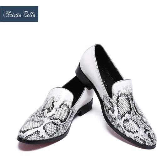 Christia Bella Handmade White Python Pattern Genuine Leather Festive and Wedding Mens Slippers Lobers Casual Flats Loafers Shoes