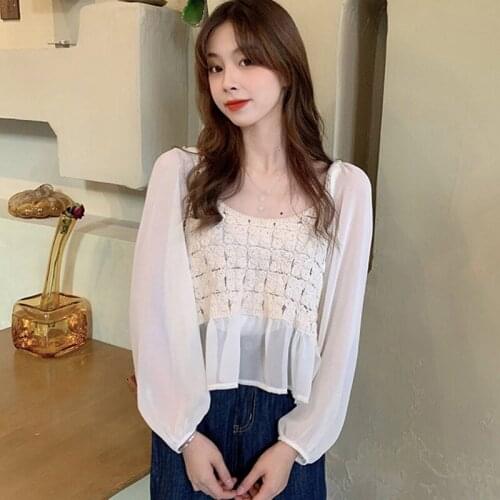 Long-sleeved Chiffon Women Blouses Spring Autumn Hollow Crochet Blouse Flower Slimming Shirts