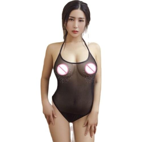 Black Halter Mesh Diamonds Transparent Fishnet Bodysuit Lingerie One Piece Bodystocking Sexy Hot Erotic Babydoll Exotic Lengerie