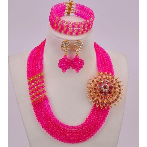 Fuchsia Pink Gold AB African Jewelry Set for Women Nigerian Beads Necklace Sets