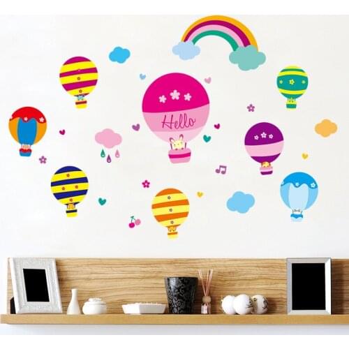 Cartoon Rainbow hot air balloon Wall Sticker kids baby room Bedroom combination Decals background nursery Stickers Home Decor
