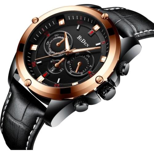 BIDEN Fashion Mens Watch 2019 Business Relogio Masculino Black Genuine Leather Strap Waterproof Quartz Newest Man Wrist Watches