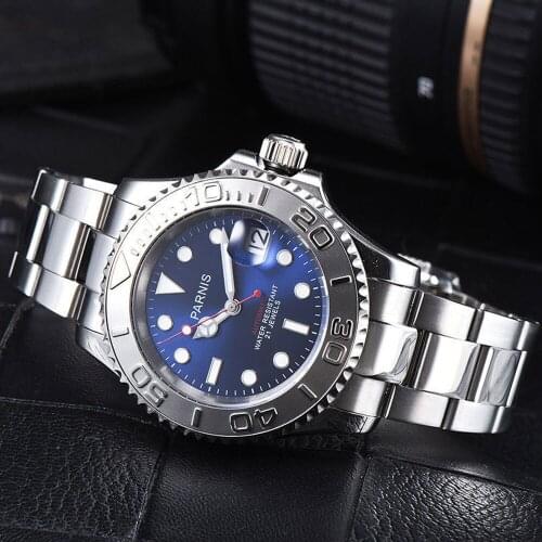 41mm Parnis blue dial ceramic bezel Luminous markers Sapphire glass date adjust 21 jewels miyota Automatic movement Mens Watch