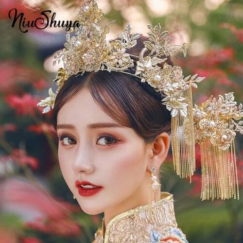 NiuShuya Luxurious Retro Chinese Wedding Costume Hair Accessories Bride Phoenix Headdress Long Tassel Hairwear Accessories