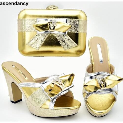 Latest Gold Color Italian Shoes with Matching Bags for Wedding Italy African Italian Shoes and Bag Set Decorated with Rhinestone