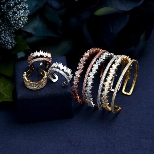 Newest designer top accessories fashion unique cuff bangle and ring sets AAA zircon micro pave setting hand bracelet ring