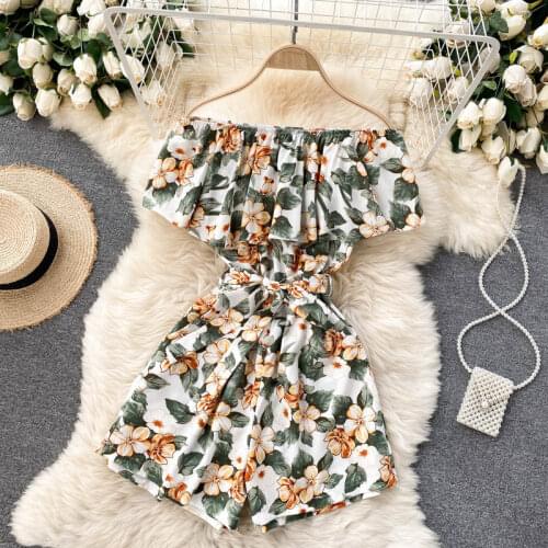 Summer new lotus leaf print jumpsuit women One-shoulder temperament commuting to reduce agewomen rompers Short wide-leg pants